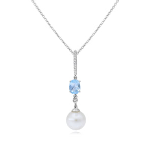 0.08ct Diamond, 0.97ct Blue Topaz and Pearl Pendant set in 14KT White Gold / GP1648
