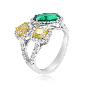 0.69ct Diamond, 1.60ct Yellow Diamond and 2.36ct Emerald Ring set in 18KT White Gold / RN941