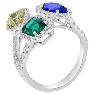 0.71ct Diamond, 0.71ct Yellow Diamond, 1.70ct Sapphire and 1.64ct Emerald Ring set in 18KT White and Yellow Gold / RN945