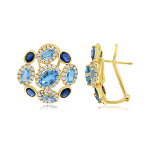 1.00ct Diamond, 1.77ct Sapphire and 3.80ct Blue Topaz Earrings set in 14KT Yellow Gold / EP38649